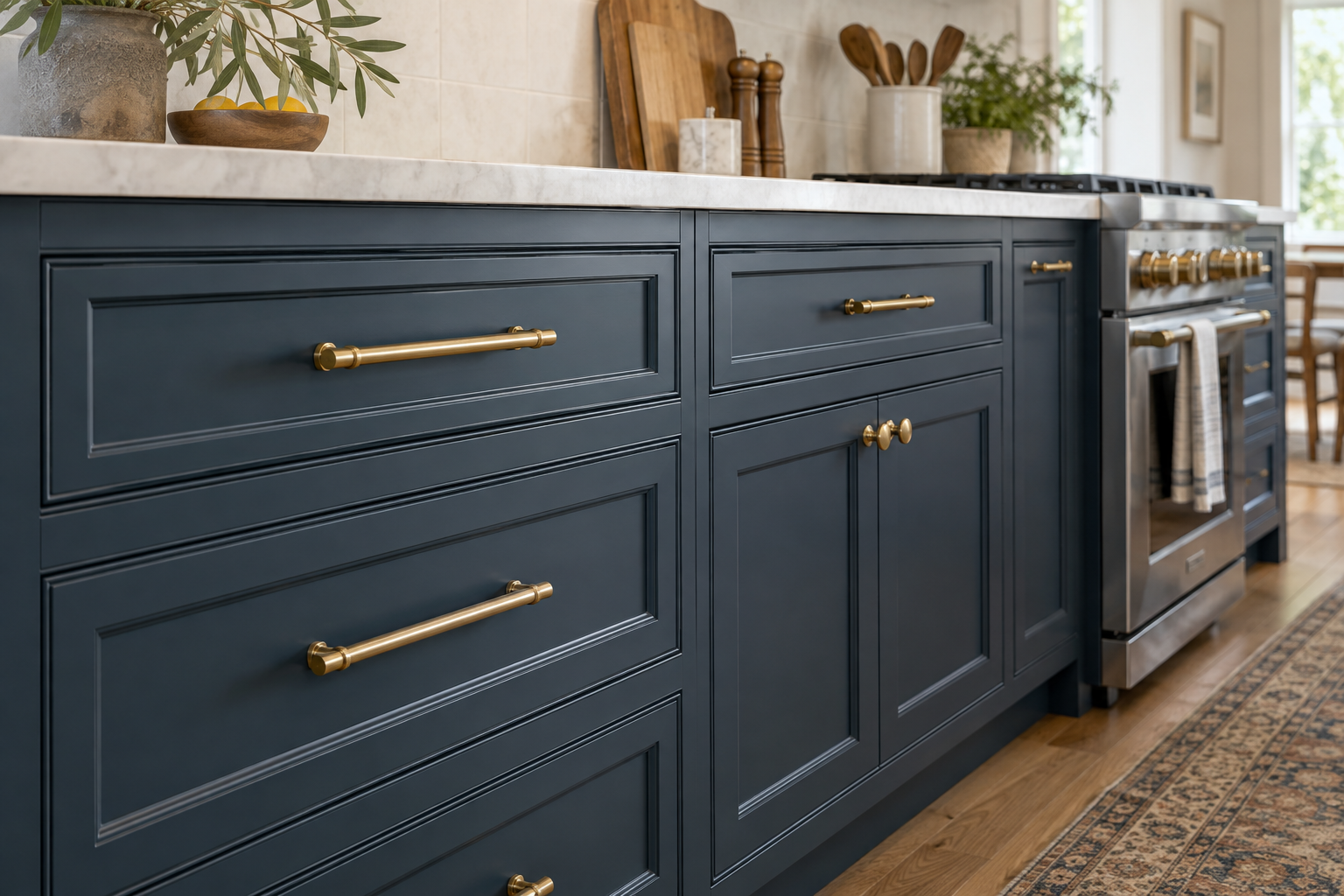 Concept image showing slate blue refinished cabinets and brass hardware